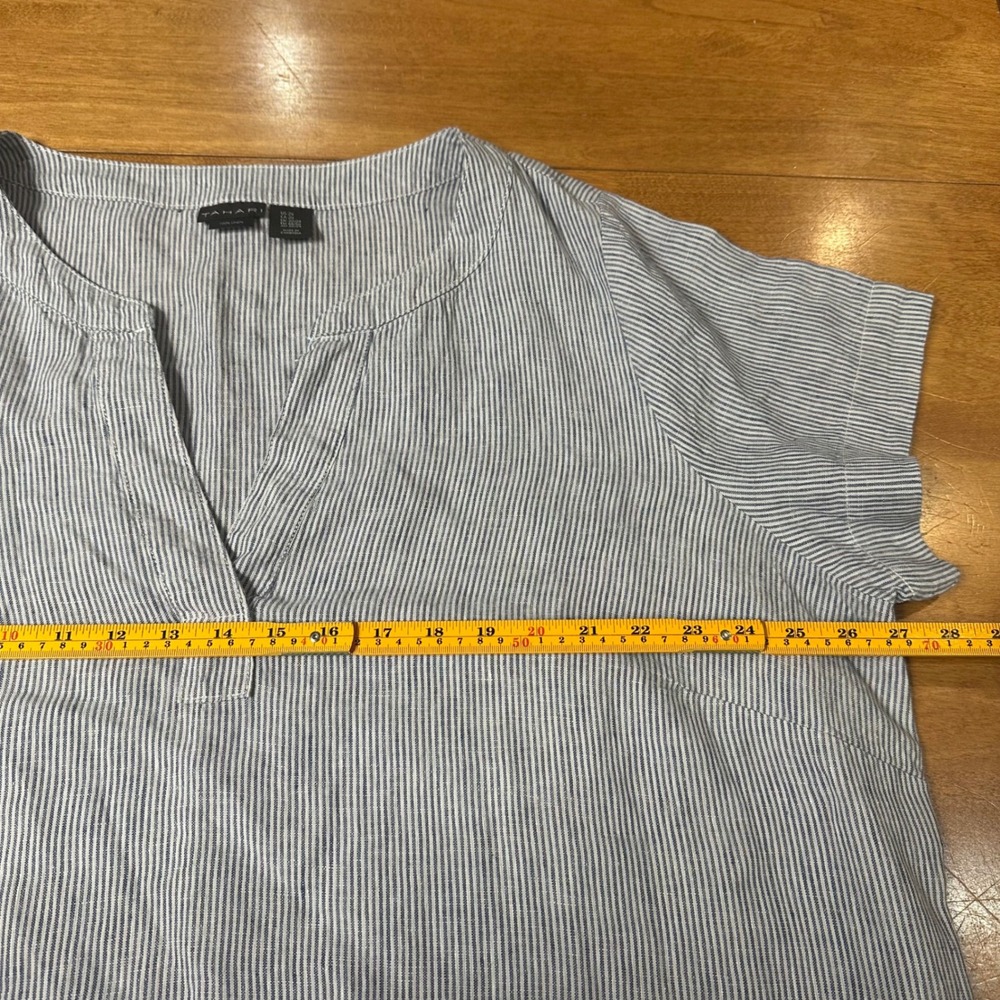 Tahari Linen Shift Dress Women 2X Blue White Striped V-Neck Short Sleeve Coastal - Picture 9 of 11